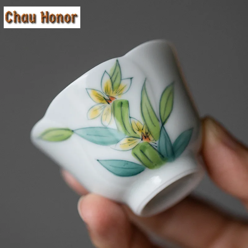 2pc/set Boutique Pure Hand Painted Narcissus Orchid Art Ceramic Tea Cups Small White Porcelain Master Cups Kung Fu Tea Set 30ml