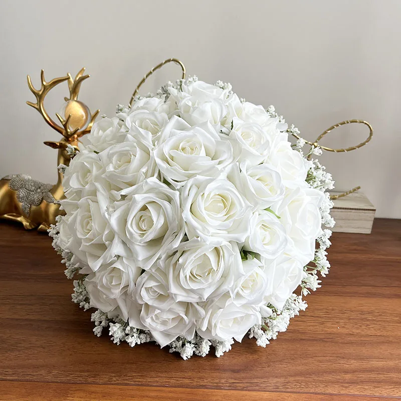 Bride Bouquet Wedding Flowers Centrepiece White Silk Roses Baby's Breath Artificial Accessories Bridesmaids Bouquet Customized