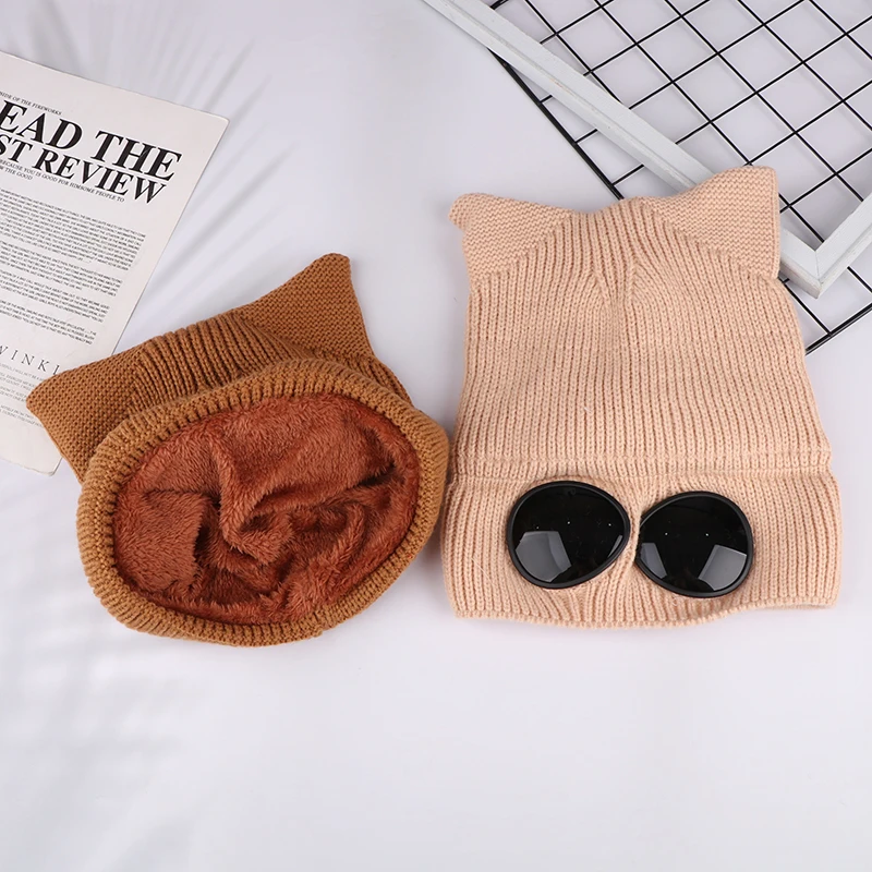 Fall Winter Beanies Knitted Hat Cute Cat Ear Hat Warm For Women With Sunglasses Windproof Couples Cap