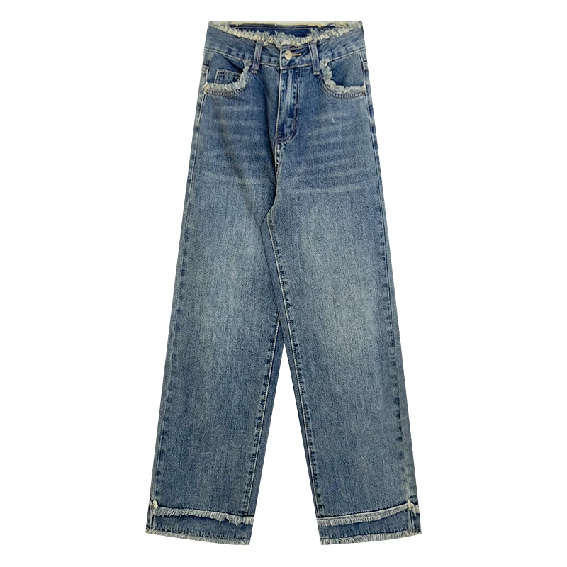 

Vintage washed blue basics street style high waist tassel jeans straight pants