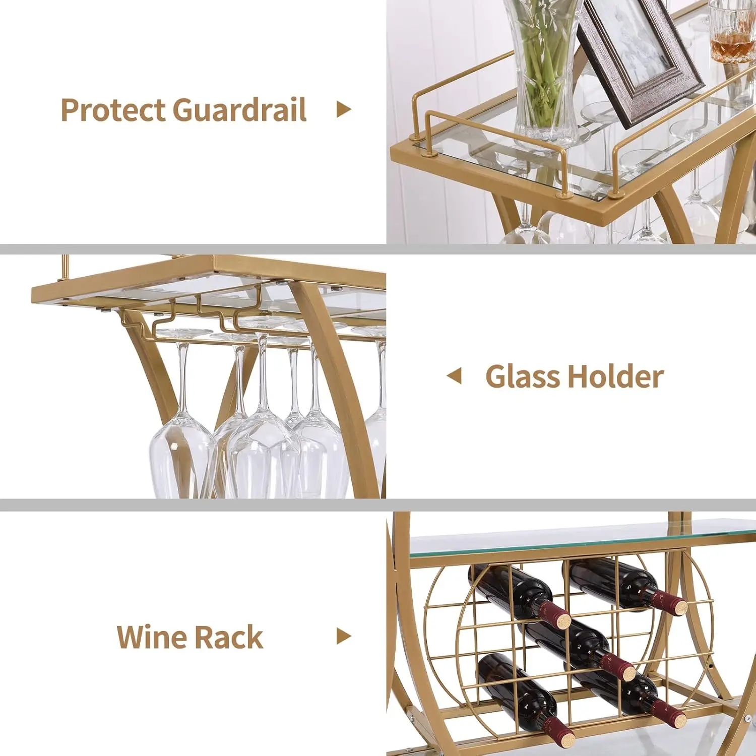 Bar Serving Cart w/ Glass Holder & Wine Rack, 3-Tier Kitchen Trolley Tempered Shelves Gold-Finished Metal Frame, Mobile for Home