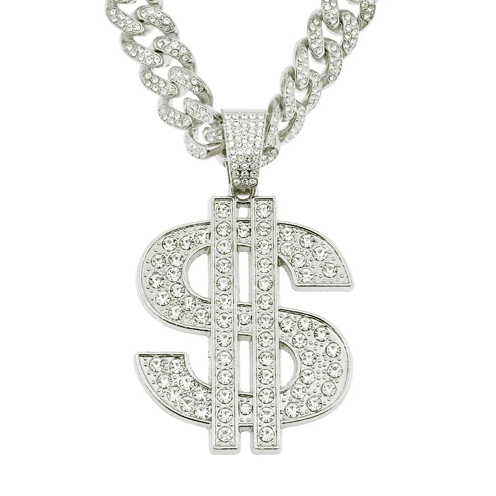 Shiny Rhinestone Dollar Pendant Necklace Mens Womens 15mm