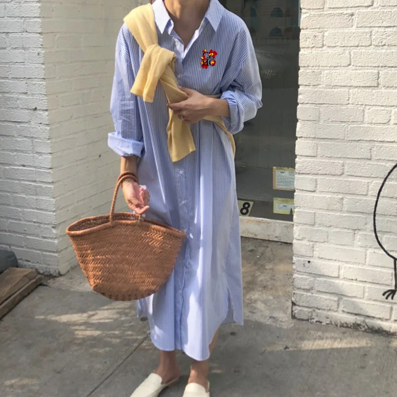 Women's Skirt Popular Fashion Casual Office Lady Dress New Korean Striped Versatile Lapel Female Long Sleeved Long Classic Skirt