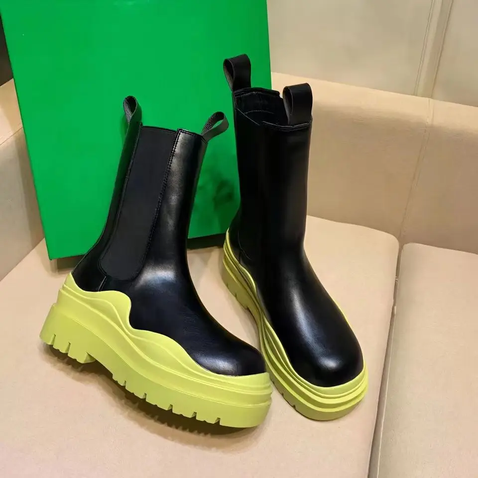 Men's Fashion Rain Boots Platform Women Short Boots Slip on Cool Leather  Motorcycle Boots Round Toe Male Mid-calf Chelsea Boots