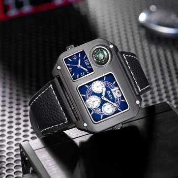 Oulm Original 9150 Two Time Zone Sport Watch Large Dial Big Size Male Quartz Clock Decorative Compass Men Military Watches