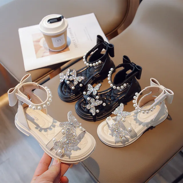 Summer Children s Girls Rome Princess Sandals Rhinestone Crystal Bow Soft Shoes Non-slip Breathable Fashion Kids Pearl Sandals