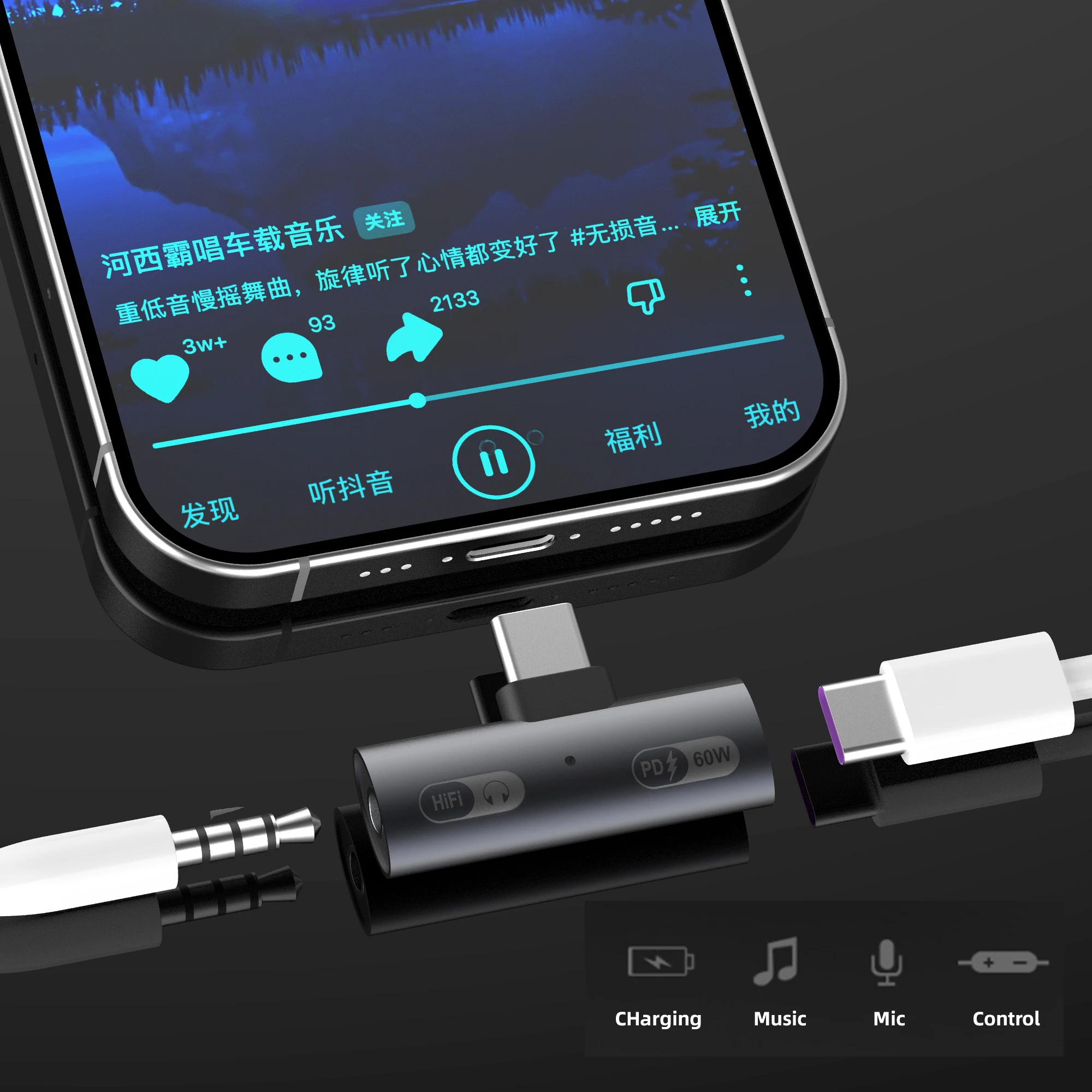High-Power Dual Function Type C Splitter with Fast Charging and Audio Support