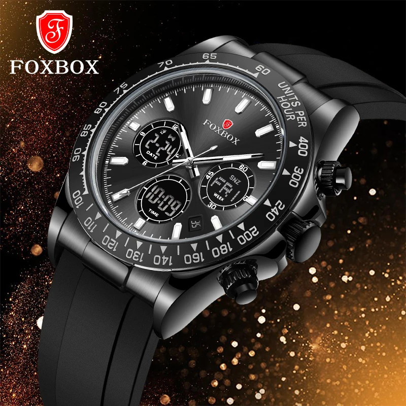 FOXBOX 2024 New Men Watch Quartz Top Brand Luxury Digital Male Clock Military Chronograph Sport Original Silicone Wristwatch