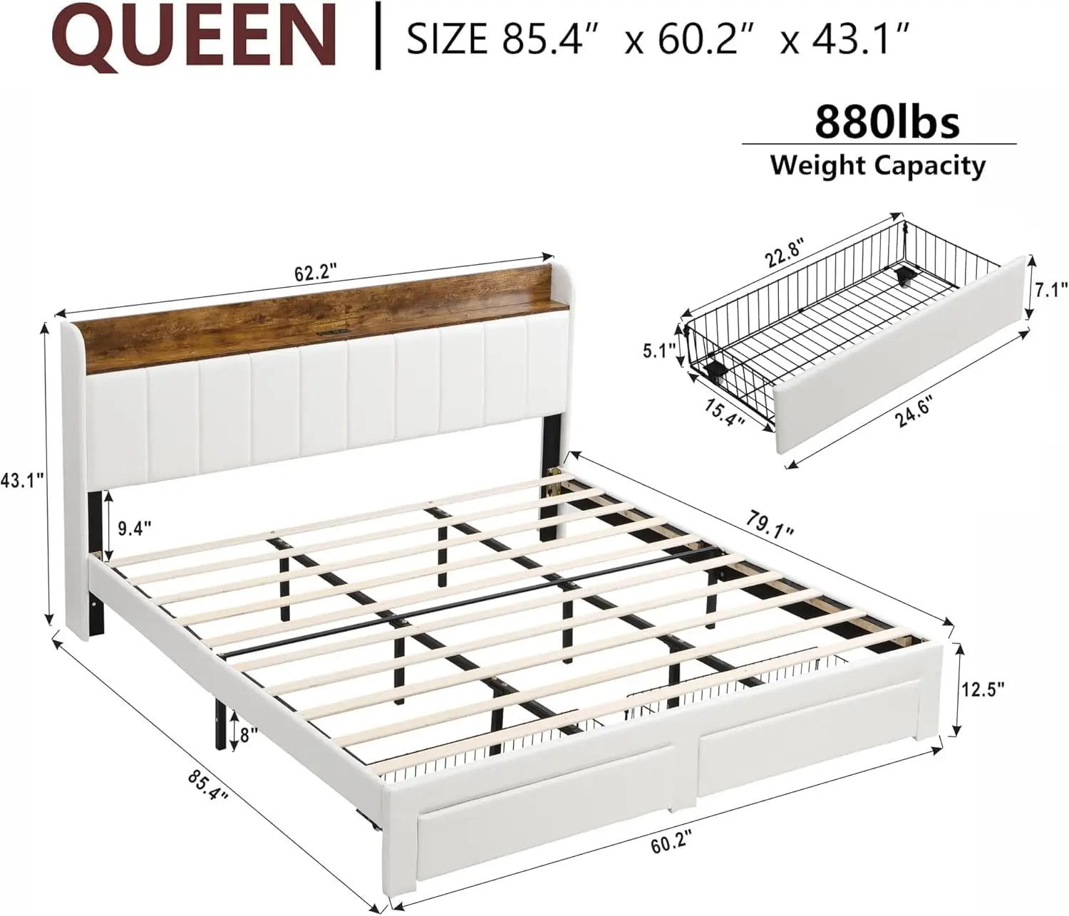 Queen Bed Frame with Headboard & Charging Station, Upholstered Platform Bed Frame with 2 Storage Drawers, Sturdy Wooden Slats