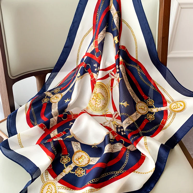 27.5" Chain Printed Square Scarf Elegant Thin Breathable Decorative Neck Scarf Orange Windproof Headscarf For Women 6