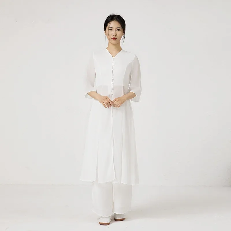 

White Chiffon Yoga Set Women 2 Piece Flowy Chinese Traditional Style Long Dress Wide Leg Skirt Pants Culottes Fairy Zen Tea Room