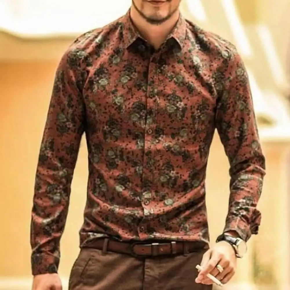 

Men Shirt Vintage Floral Print Turn-down Collar Button Closure Men Shirt Slim Fit Soft Male Sweatshirt Long Sleeves Top Menswear