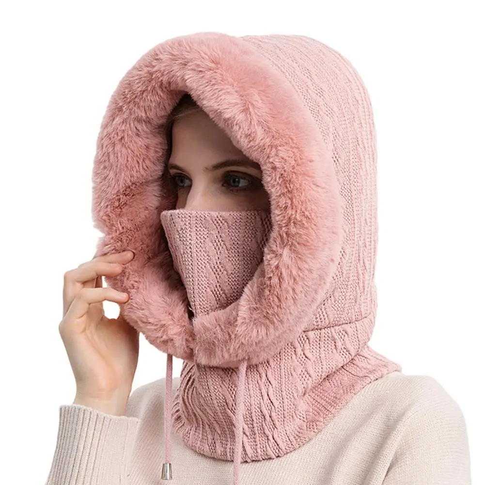Winter Fur Cap Mask Set Hooded for Women Knitted Cashmere Neck Warm Balaclava Ski Windproof Hat Thick Plush Fluffy_voghion.com