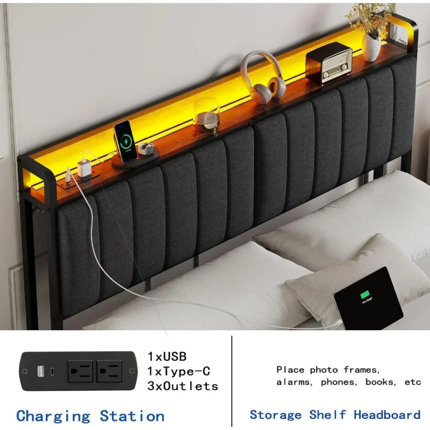 LED King Size Upholstered Headboard with Charging Station, King Storage Headboard Only, Attach Frame Height Adjustable