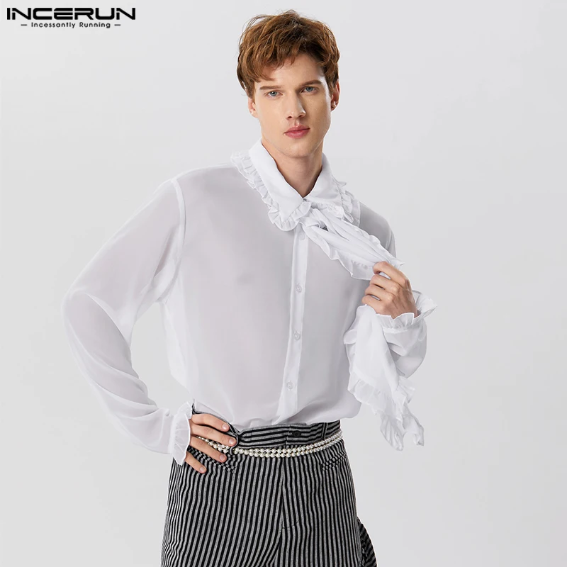 

INCERUN Tops 2023 American Style Handsome Men Chiffon Micro See-through Lace Design Shirts Casual Thin Long Sleeved Blouse S-5XL