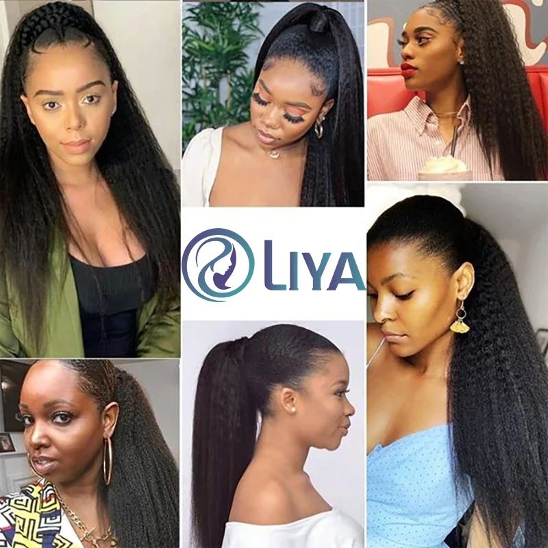 Human hair extensions Kinky Straight Wrap Around Drawstring Ponytail With Clips Yaki Straight #1B Clip In Virgin Hair Extensions
