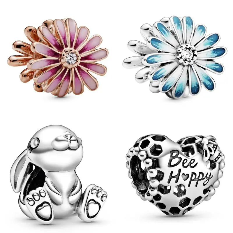 

Bee Happy Honeycomb Heart Blue & Pink Daisy Flower Nini the Rabbit бусинки соответствуют Европе браслет 925 пробы серебряные очаровательные ювелирные изделия