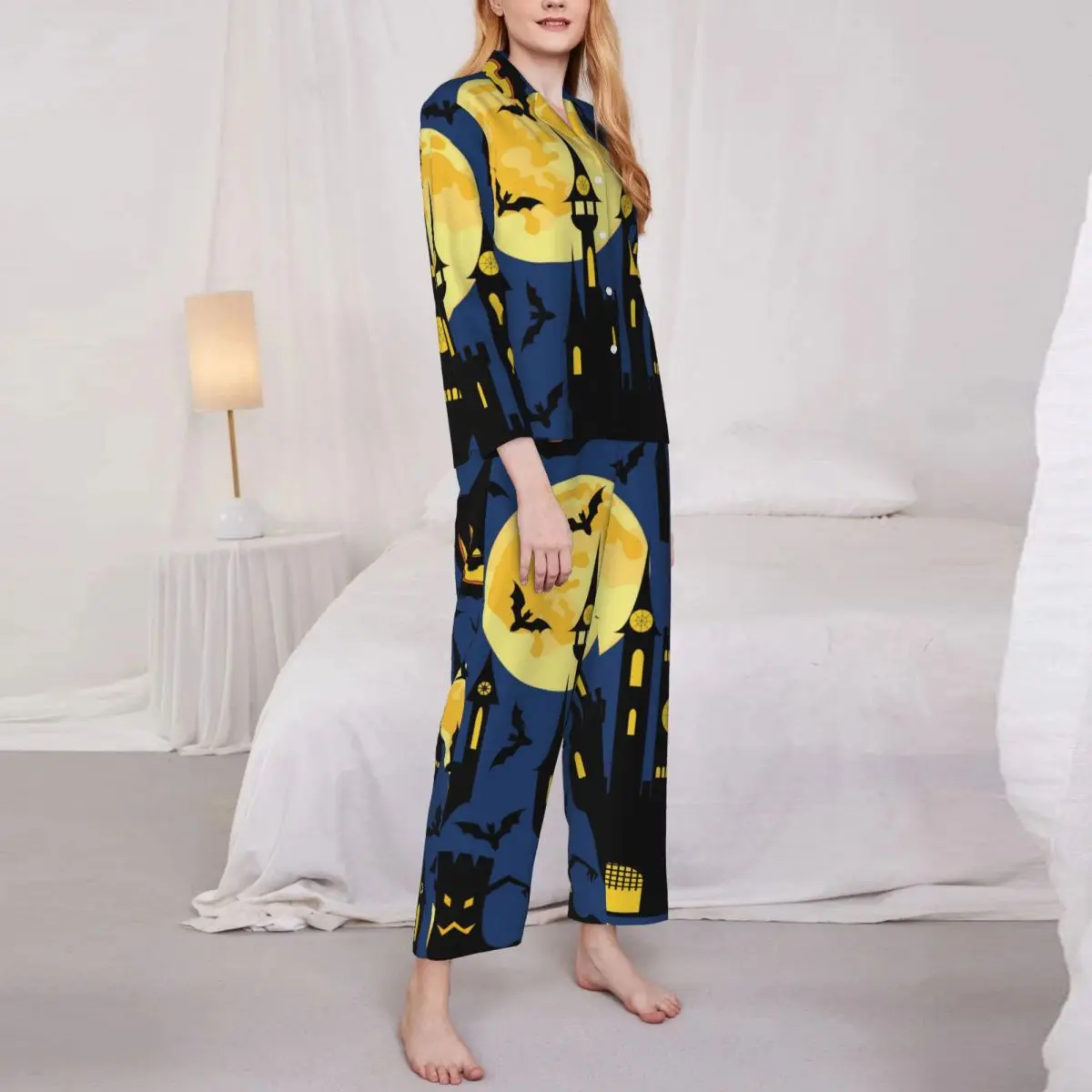 

Женская пижама, летучая мышь и дом, стиль Хэллоуин, 2 предмета, повседневный пижамный комплект с длинным рукавом, мягкий домашний костюм большого размера