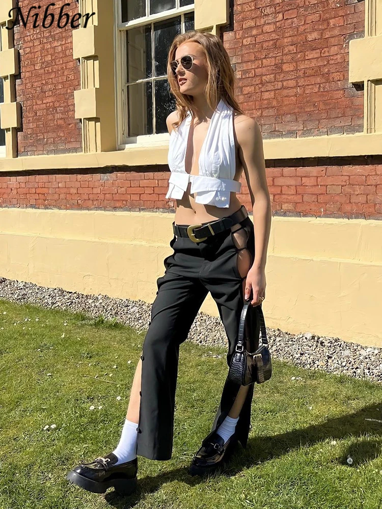 Nibber Summer Women's Solid Color Sexy Halter Tank Top Buttoned Pleats Open Back Lace Up Crop Top Female Midnight Party Tops