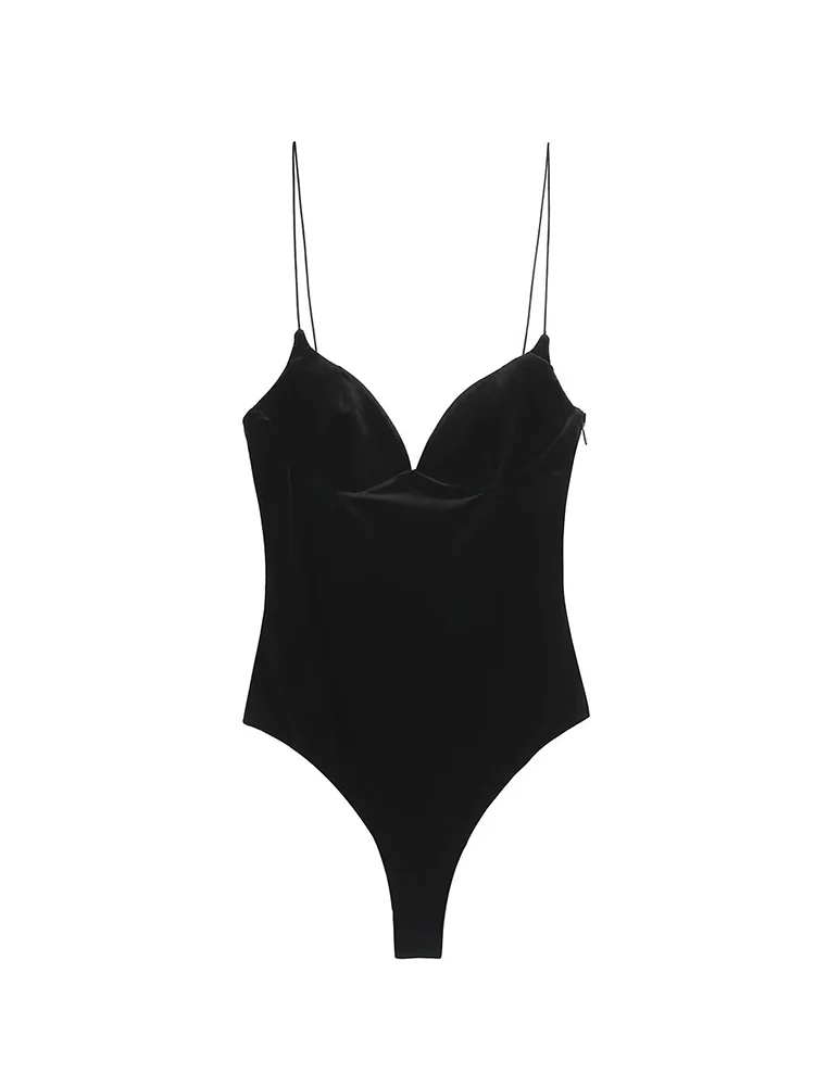 Women Vintage Velvet Sleeveless Bodysuits 2026 Spring New Bodycon Sexy Party Club Sling Tops Elegant One Piece Bodysuits
