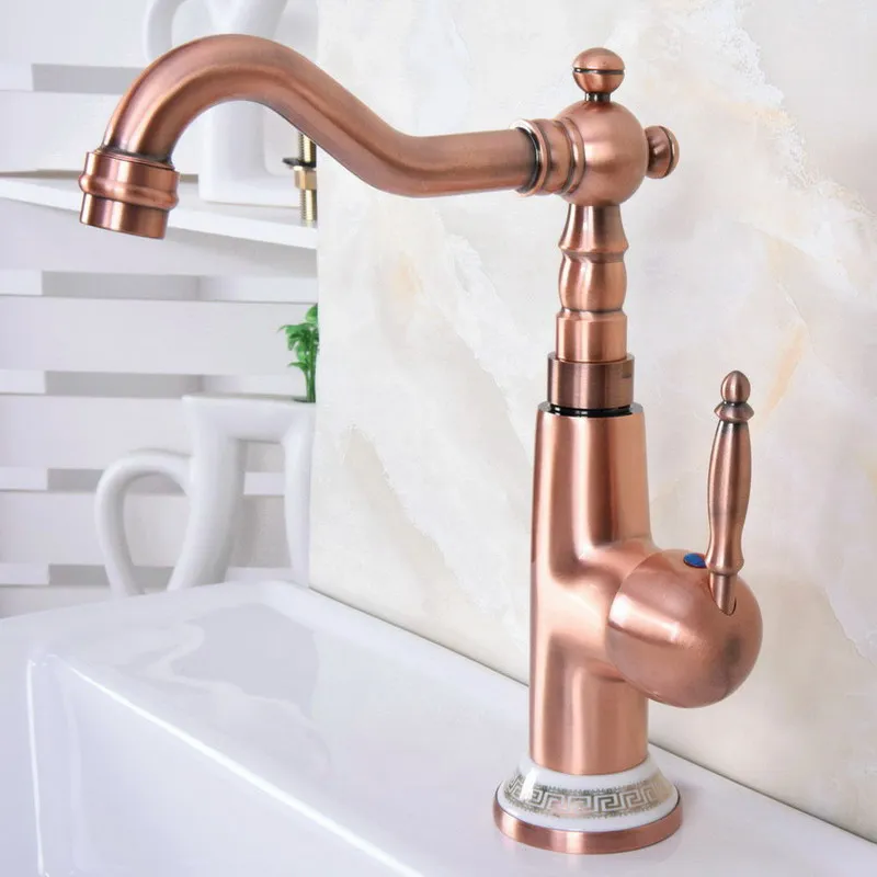 

Antique Red Copper Basin Faucet Deck Mounted Single Handle Bathroom Swivel Spout Lavatory Sink Hot Cold Mixer Tap