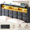 Bed Frame Full Size with Lift Up Storage, Charging Station LED Lights,Upholstered Storage Headboard,Heavy Duty Wooden Slats 4
