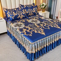 3 Pieces Blue Mattress Pad Sheet Set Paisley Blue Rufled Quilted FittedMattress Protector Include Bed Skirt with 2 Pillowcases 2