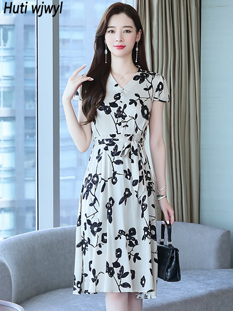 

2024 Casual White Print Vintage Silk Dress Women Elegant Bodycon Party Evening Vestidos Summer Short Sleeve Korean Midi Dresses
