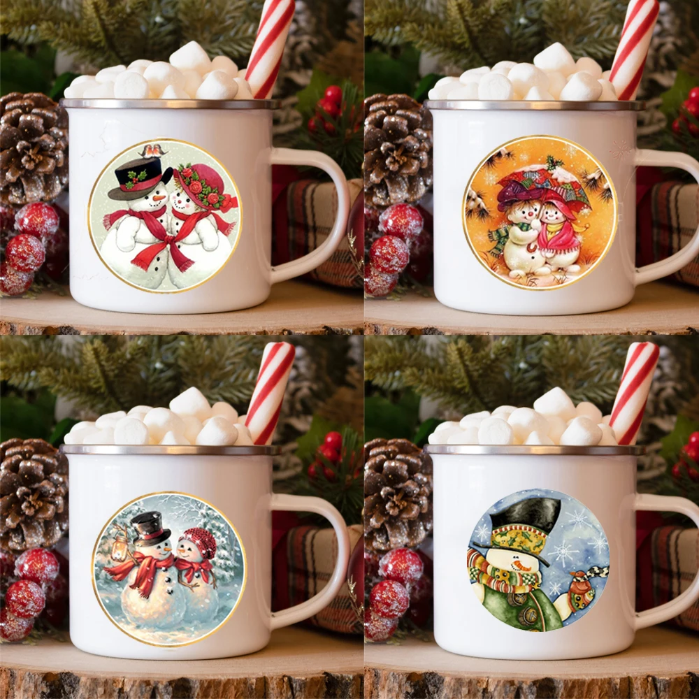 

Snowman Printed Mug Enamel Coffee Milk Juice Cup white Handle Wine Beer Mugs Banquet Table Decorations Winter Christmas Eve Gift