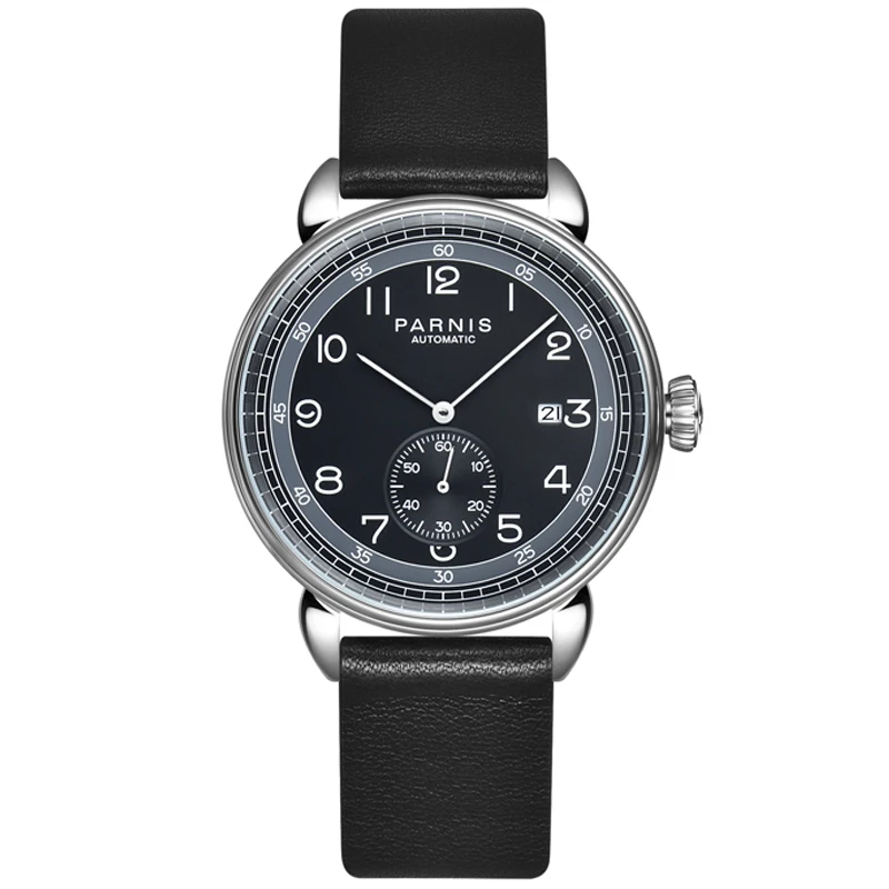 

2023 New Parnis 42mm Black Dial Automatic Mechanical Men's Watch Silver Case Calendar Leather Men Watches montre homme Man Clock