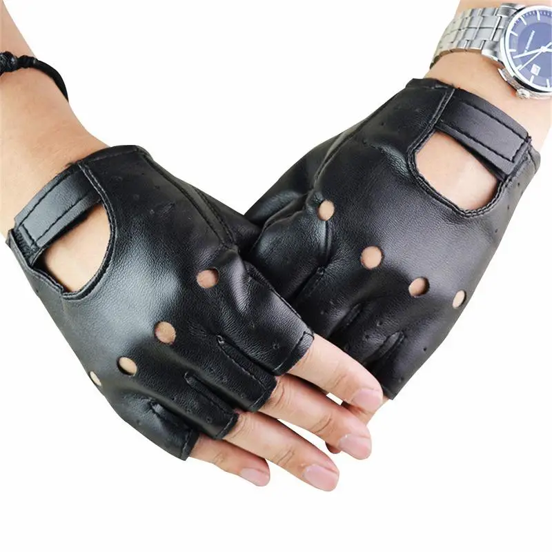 Unisex Synthetic Leather Polyurethane Black Fingerless Gloves Solid Woman Half Finger Driving Women Men Fashion Transport Gloves 3