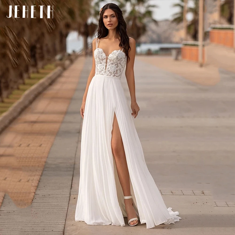 pink wedding dress JEHETH Spaghetti Straps Chiffon Side Slit Beach Wedding Dresses Lace Appliques A-Line Open Back Bohemian Bridal Gown Sweep Train mermaid wedding dress