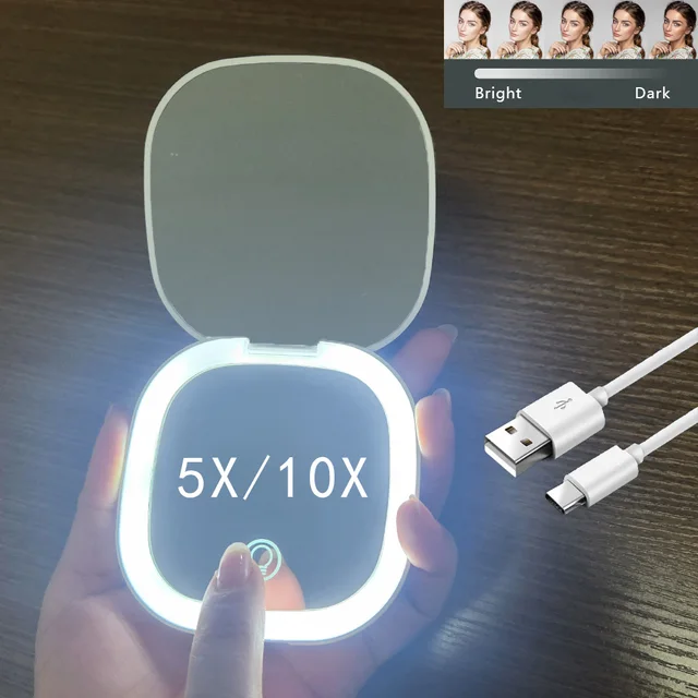 Mini miroir de maquillage Led à main de poche pliable Compact avec lumière Led grossissement 5x/10x Rechargeable et petit 1