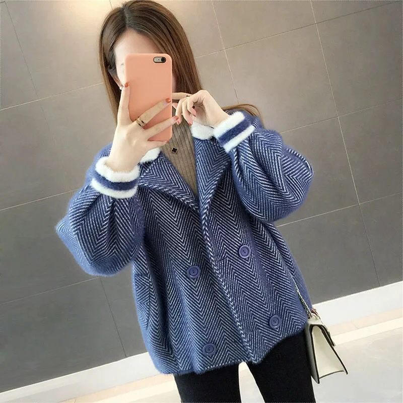 

Pretty Herringbone Wool Jackets Fashion Double Breasted Spring Coats Female Sweater Women's Short Section Knitted Mink Jacket