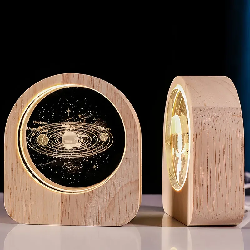 Enchanting Starry Sky Crystal Ball with Wooden Base - Solar System Galaxy Decor for Valentine's and Home Elegance