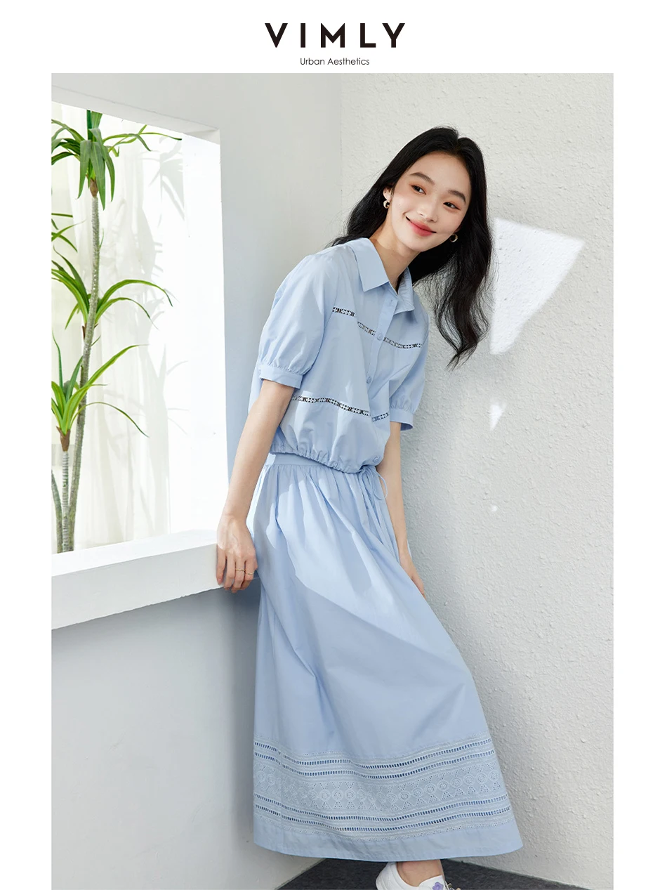 VIMLY Lyocell 2pcs Shirt Suit Dress Women 2024 Summer New Style Office Wear Women Hollow Out Top Skirt Two Pcs Set M7373