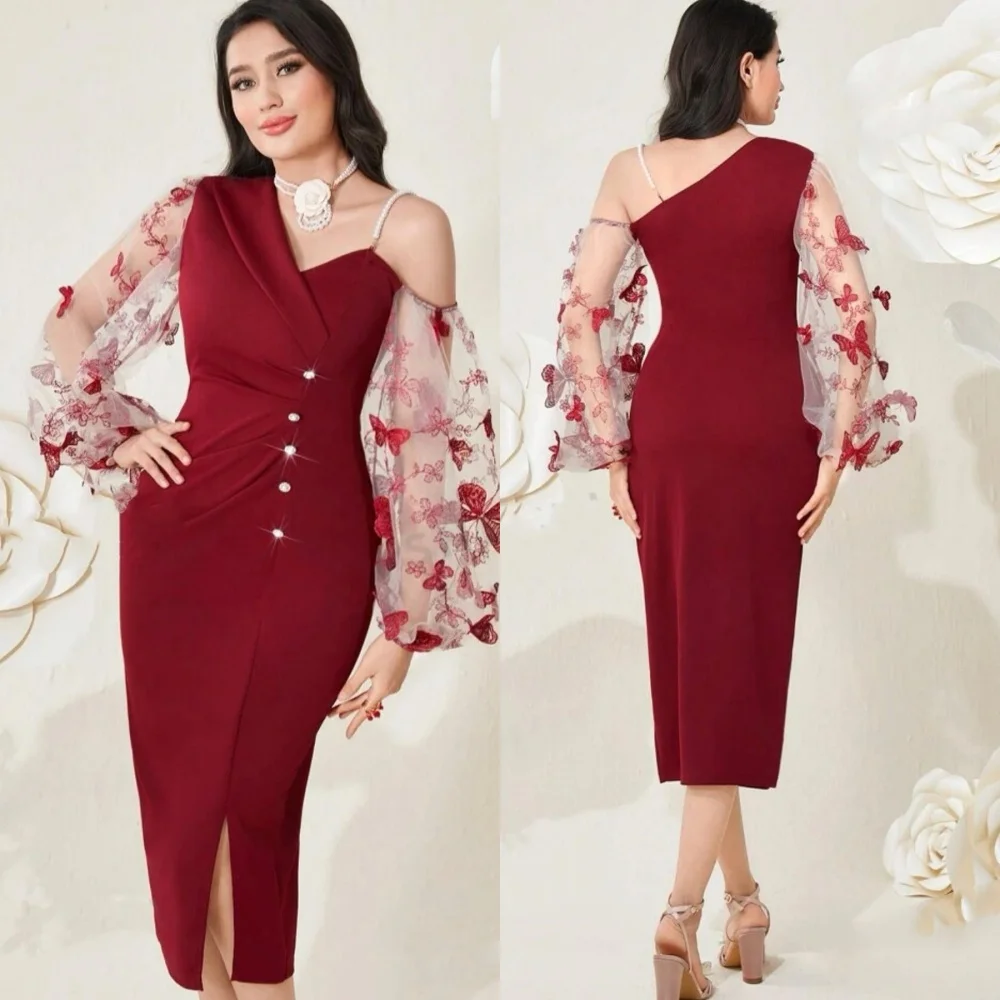 Evening  Sexy Casual  Jersey Applique Sequined Ruched Clubbing A-line V-neck Bespoke Occasion Gown Midi Dresses