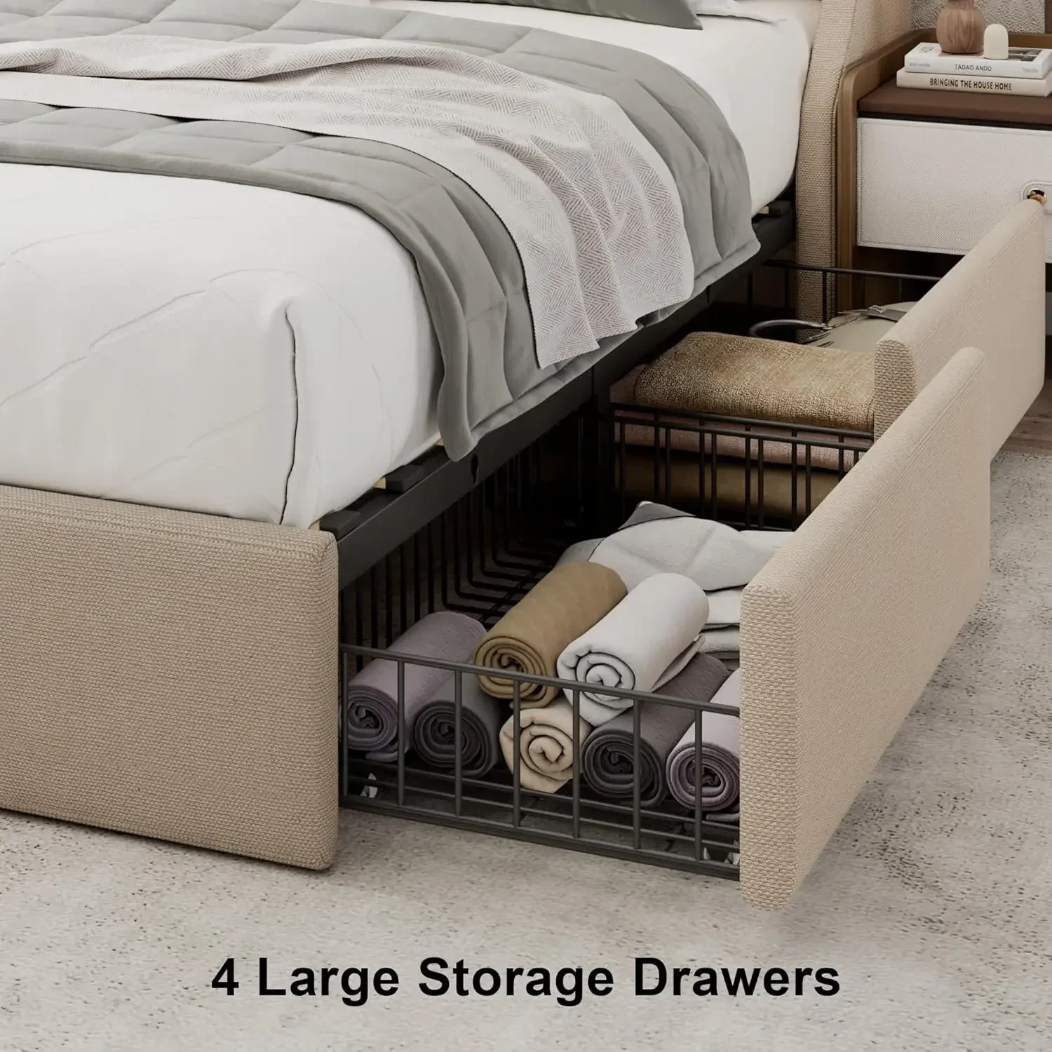 Upholstered King Size Bed Frame with 4 Storage Drawers, Platform Bed Frame with Wingback Headboard, Charging Station, Beige 4
