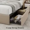 Upholstered King Size Bed Frame with 4 Storage Drawers, Platform Bed Frame with Wingback Headboard, Charging Station, Beige 4
