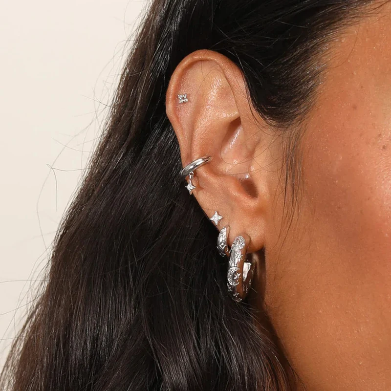 Cartilage perforation women 925 sterling silver ear Needle stars three-piece stacked fashion hoop earrings punk fashion jewelry