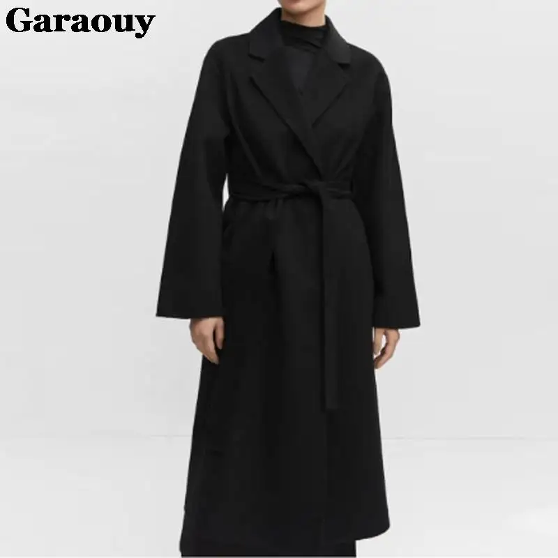 Garaouy Autumn Winter Women Basic Lapel Solid Belt Woolen Coat Female Casual Commut Outwear Loose Midi Length Jacket Overcoat 4
