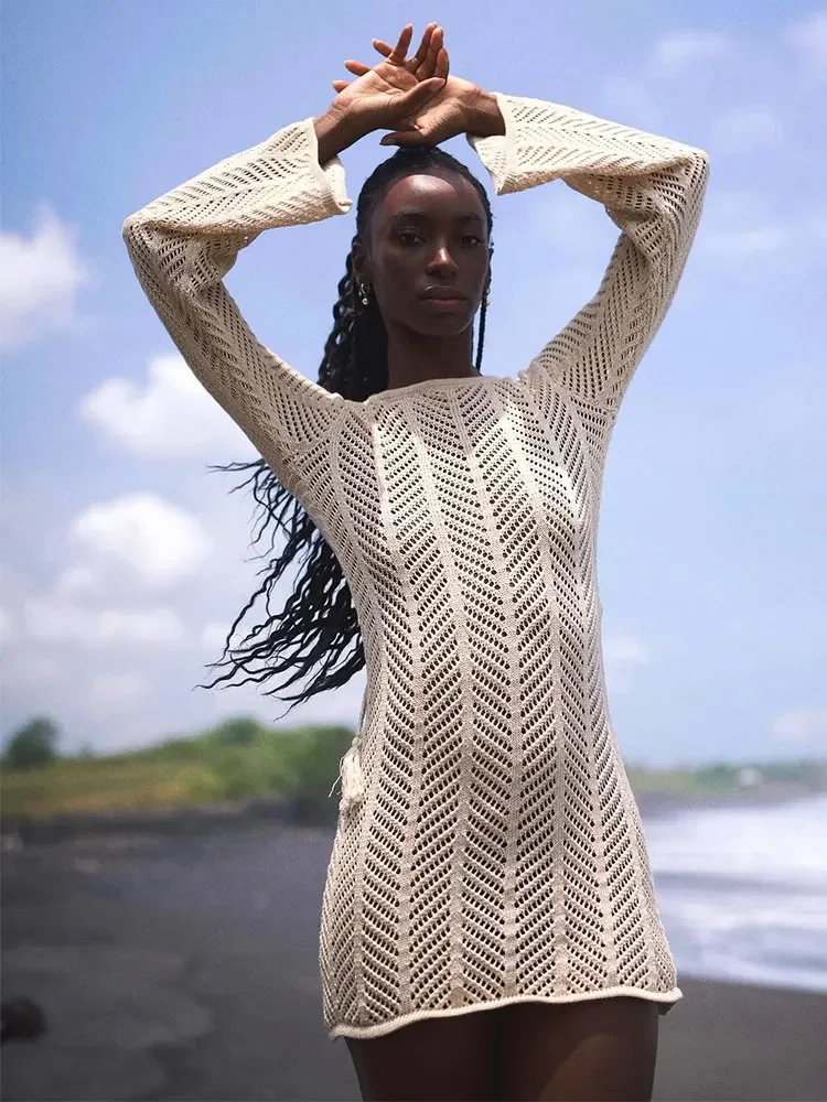 Solid Knit Beach Swimsuit Cover Up Summer 2026 Women Sexy Backless Tassel Lace-up Cut Out Bell Long Sleeve Mini Dress Tunic K110 2