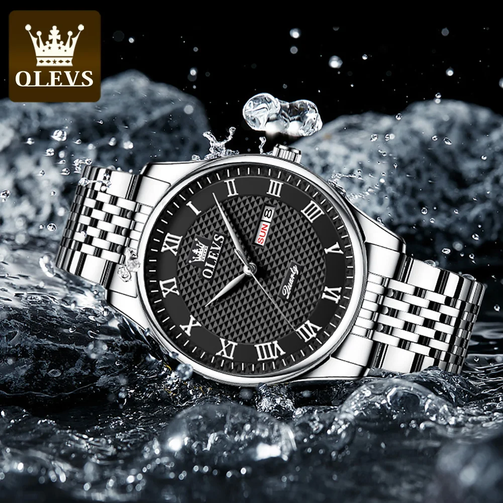 OLEVS New Classic Quartz Watch for Men Stainless Steel Strap Waterproof Fashion Mens Watch Week Date Clock Relogio Masculino