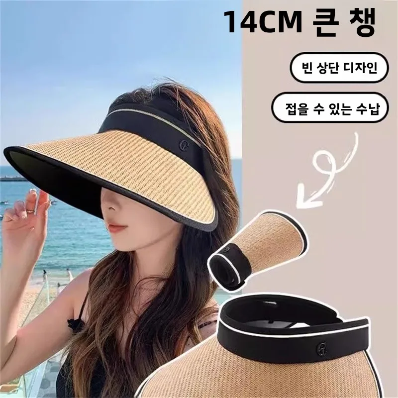 여성용 여름 자외선 차단 밀짚모자 통기성 접이식 빈 상단 차양 모자 편안한 머리 보호 액세서리