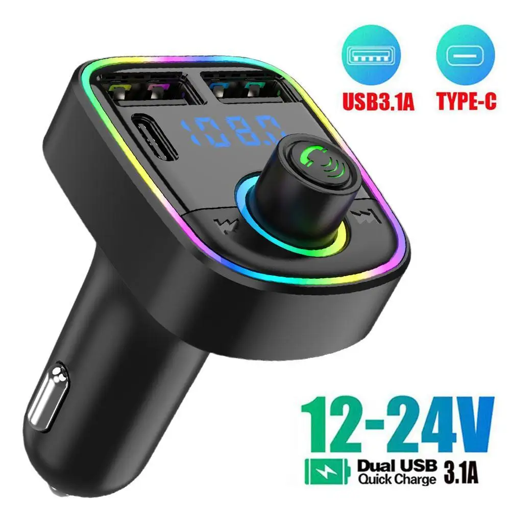 

Car Bluetooth 5.0 FM Transmitter PD Type-C Dual USB 3.1A Fast Charger Colorful Ambient Light Handsfree MP3 Modulator Player