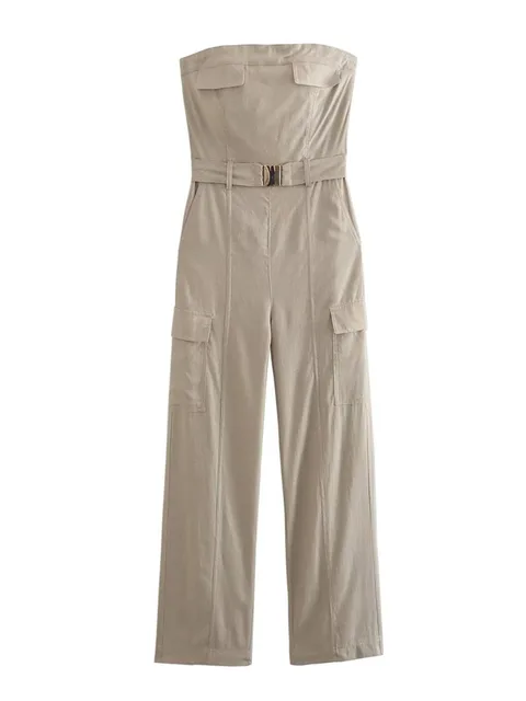 TRAF Fashion Women Solid Strapless Jumpsuits With Belt 2023 Summer Casual Sleeveless Wrapped Chest Jumpsuit Full Cargo Pants
