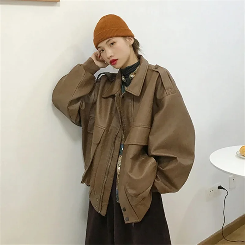 2023 New Style Vintage Leather Coat Women's Autumn Winter Tidal Sugihara Style Jacket Foreign Versatile Plus Plush Thick Couple