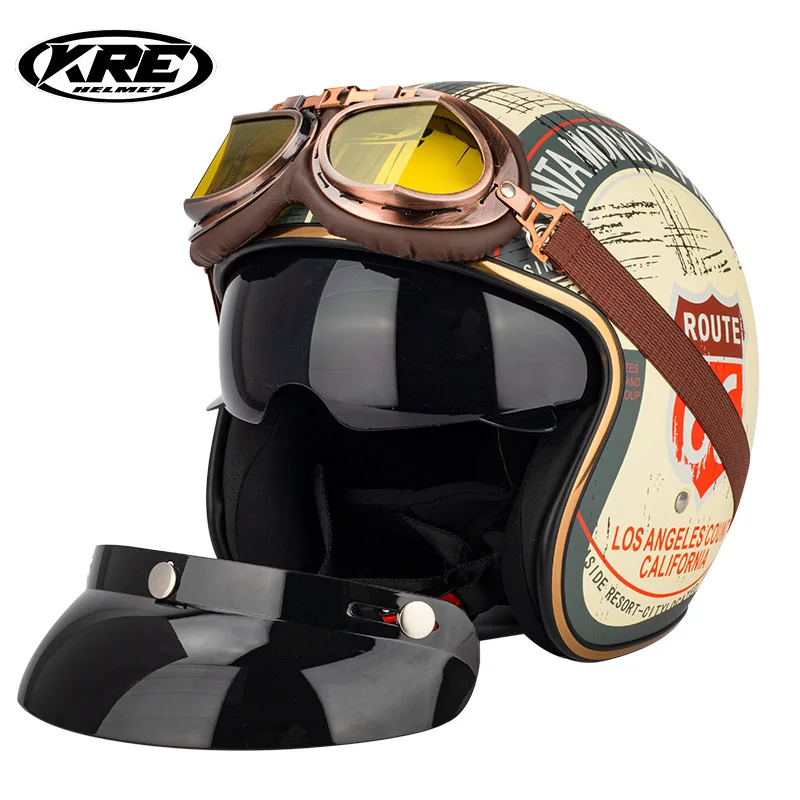 EBAYIN Casque Moto Casque Demi-Casque Casque Rétro Harley Casque Jet Casque Certifié Dot/ECE Cruiser Chopper Casque Pilote Scooter Lunettes Intégrées Casque En Fibre Carbone,C-M=(57~58cm