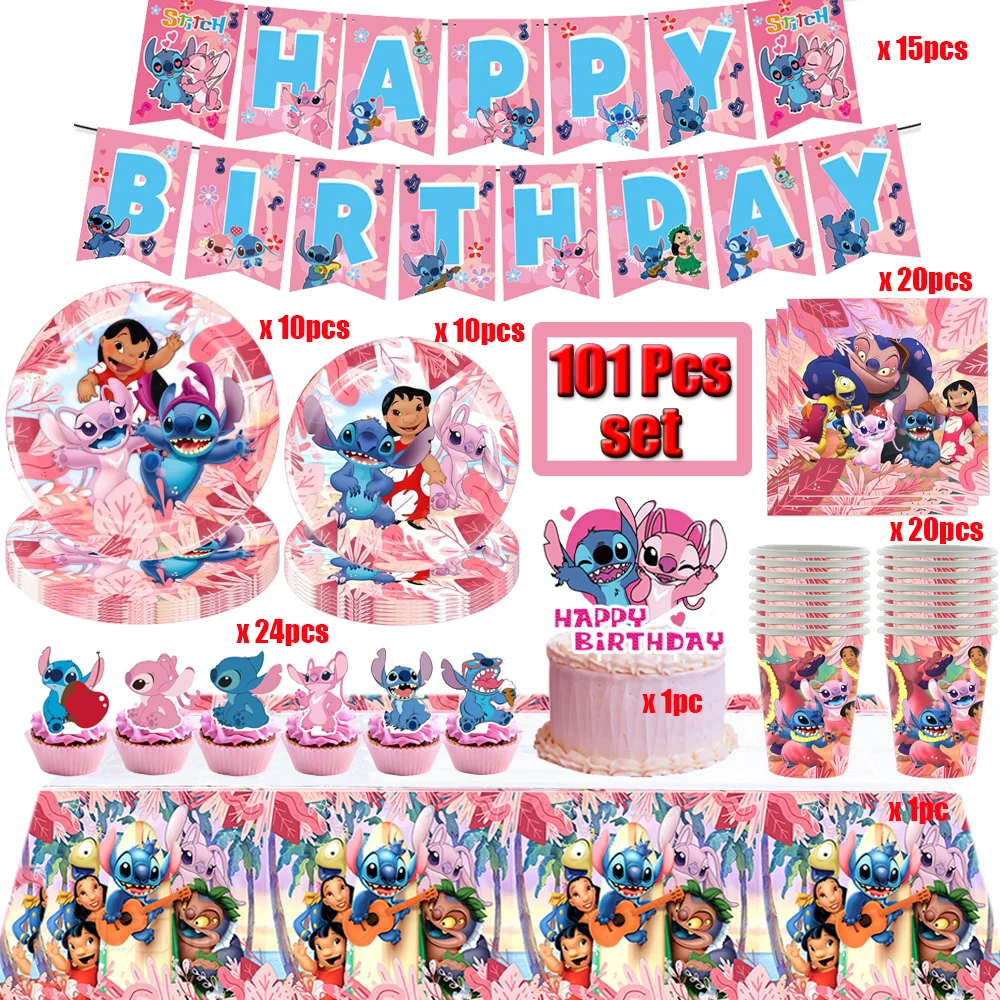 Disney Pink Stitch Birthday Party Decoration Lilo & Stitch Tableware Cups Plates Napkin Baby Shower Kids Party Gift Toys Set