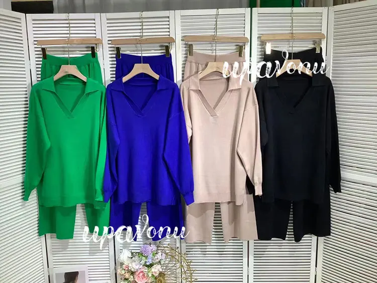 Casual Women's Autumn Loose Knit Sweater Set 2022 New Fashion Lapel Long Sleeve Pullover Sweater & Straight Pants Two Piece Set